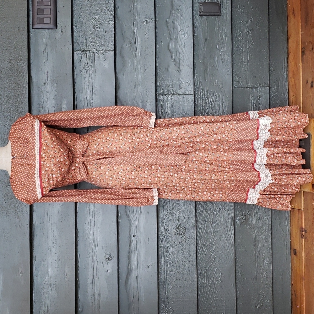 GUNNE SAX Vintage 70's Dreamie Floral Quilted Apron Front Hooded Maxi Dress sz 9 - Picture 3 of 15